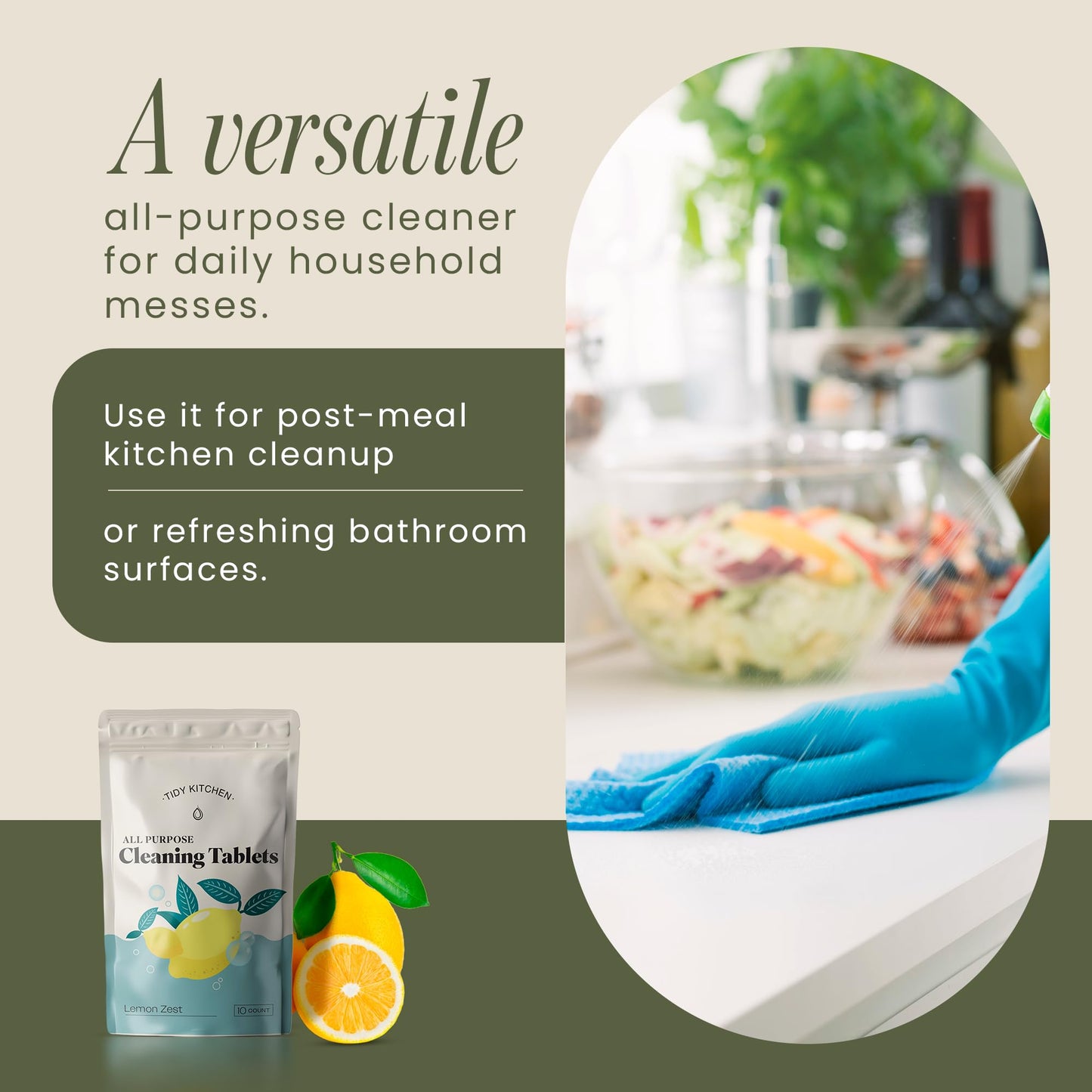 Tidy Kitchen All-Purpose Cleaner Tablets - Multi-Surface Cleaner for Counters, Stovetops, Tile, Wood, Bath, and Glass - Compact Water-Activated Tablet Refills, 10 Pack