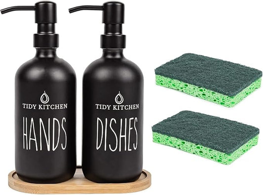tidy kitchen hands and dishes soap with green sponges