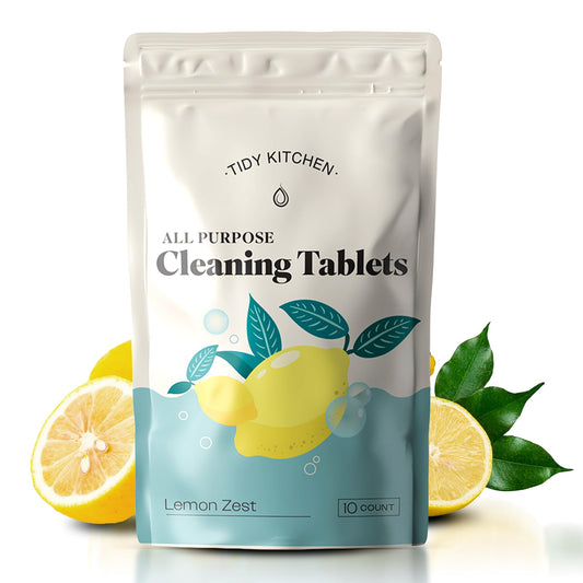 Tidy Kitchen all-purpose cleaning tablets lemon zest scent 10-count eco-friendly plant-based multi-surface cleaner packaging