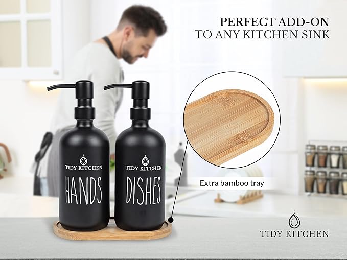 tidy kitchen hands and dishes soap bottles with extra bamboo tray