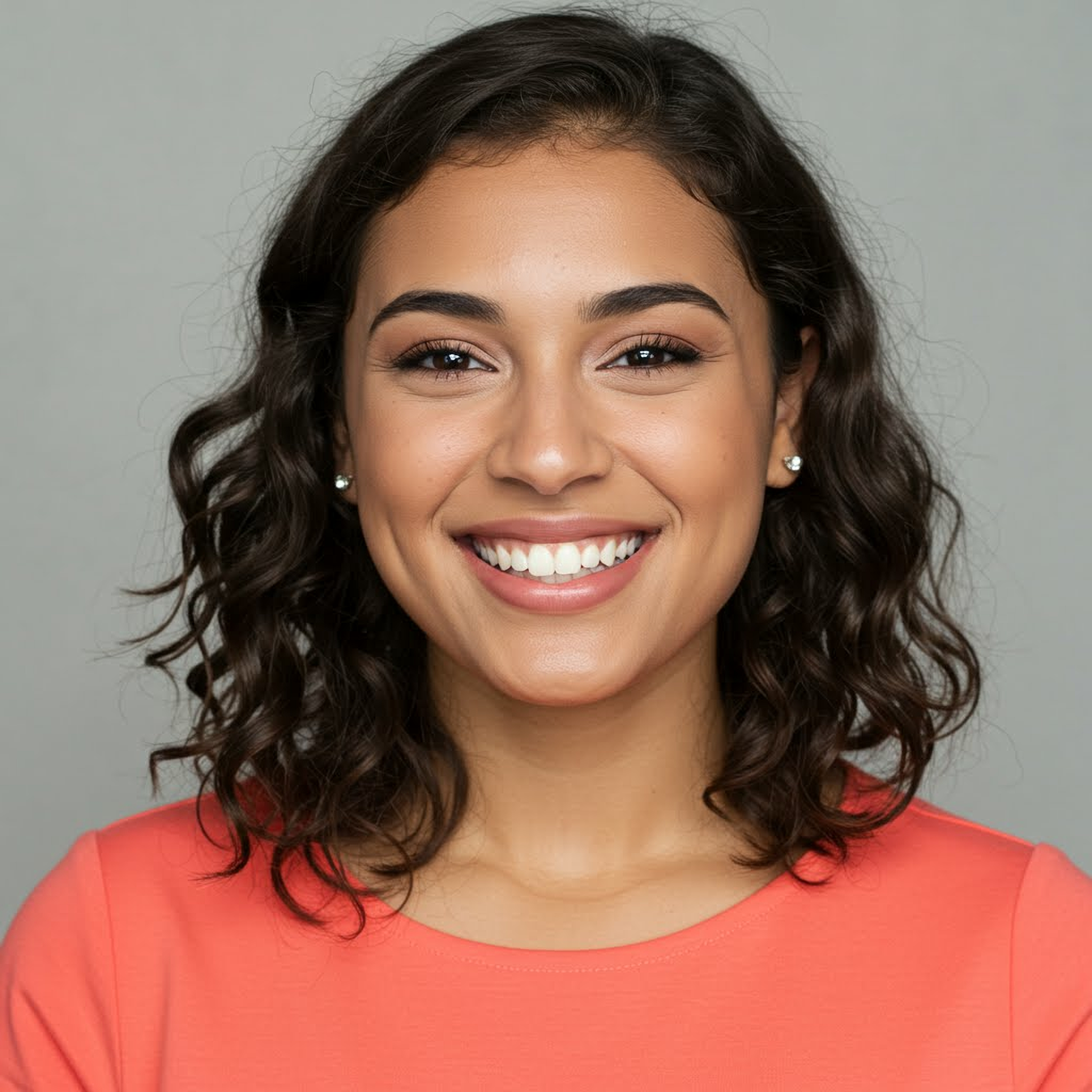 image of happy woman at tidy kitchen with black hair